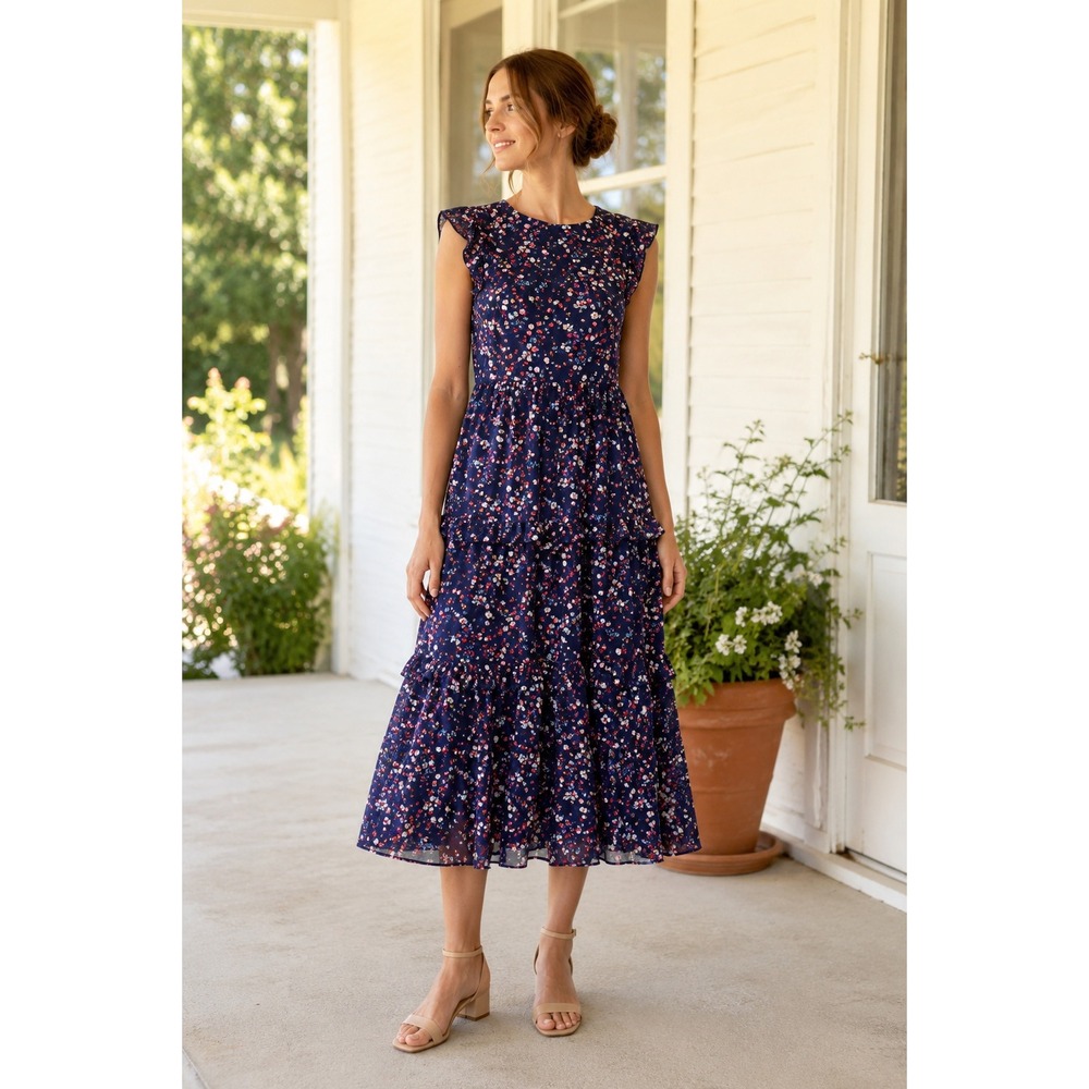 J.Crew Navy Blue Floral Ruffle‎ Tiered Midi Dress BG085 Womens 6